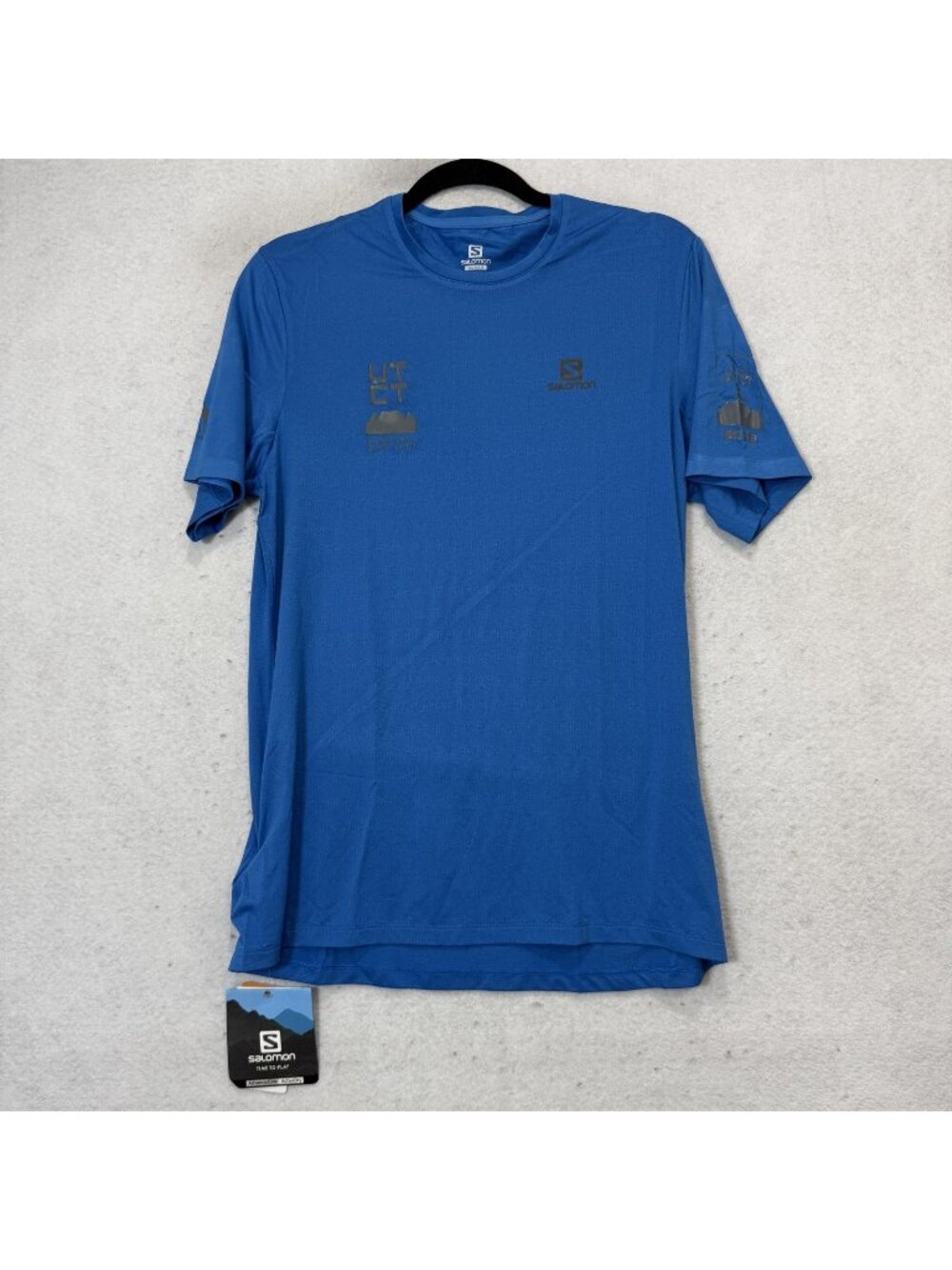 Salomon Shirt Mens Medium Blue Short Sleeve UTCT 2019 Trail Running Race Tee